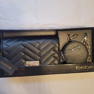 NWT Bebe Black Quilted Clutch/crossbodyand Coin Purse Keychain Set